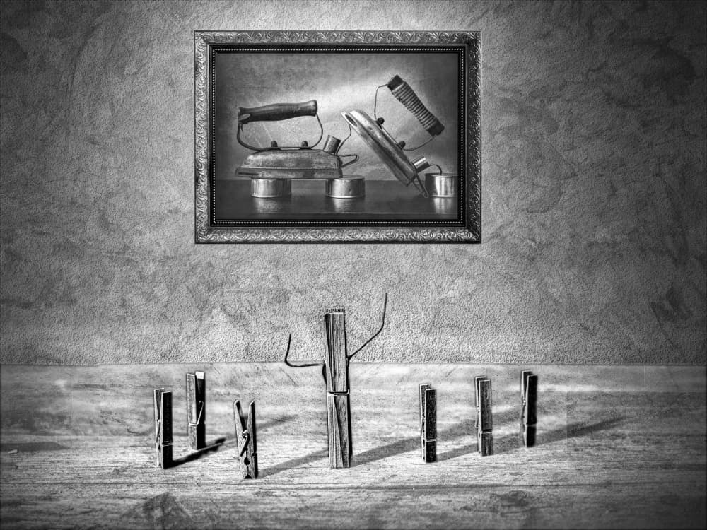 Vintage Irons Clothespin World by Montserrat Alviani — canvas wall art
