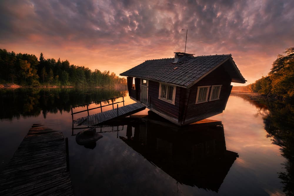 Floating Cabin Sunset by Mika Suutari — canvas wall art