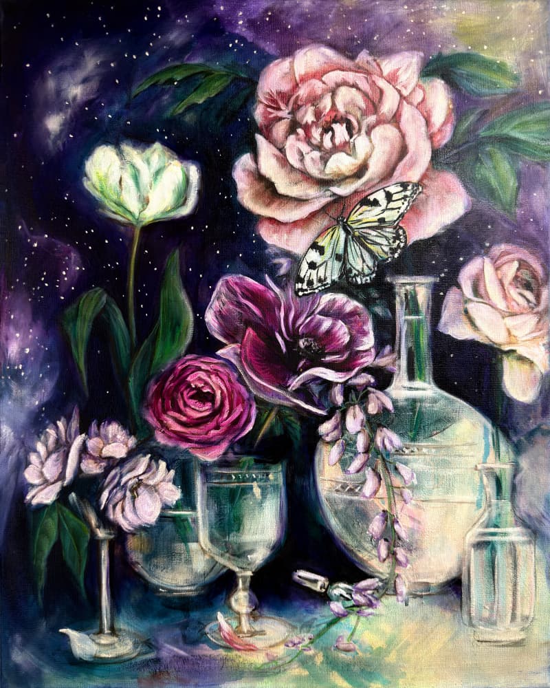 Butterfly Galaxy Flowers by Renee Machan Cottagecore Artist — canvas wall art
