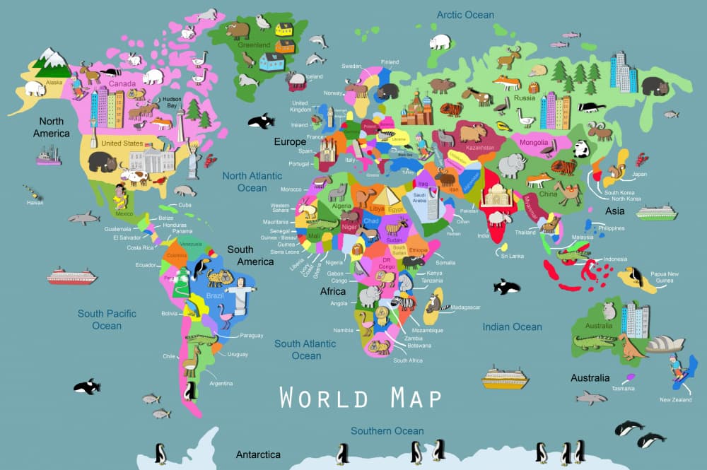 Playful Animal World Map by Carla Daly — canvas wall art