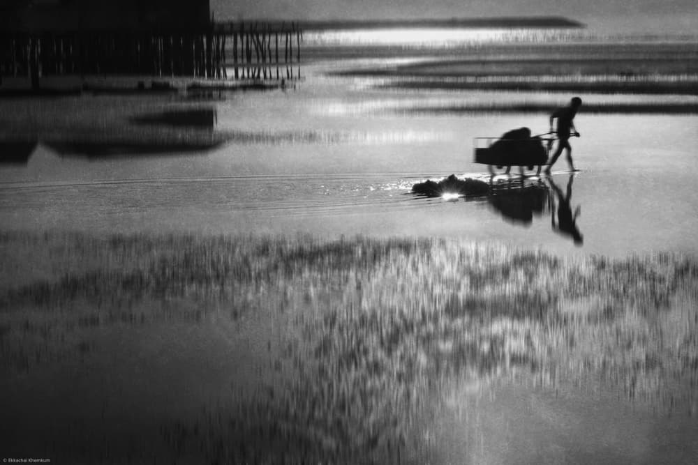 Low Tide Worker Reflection by Ekkachai Khemkum — canvas wall art