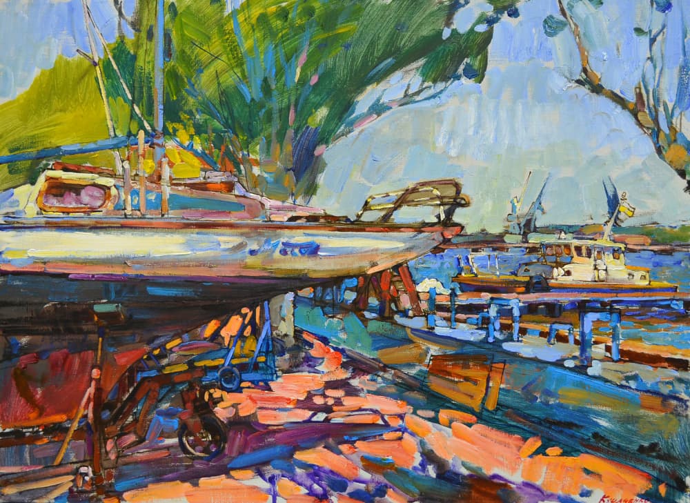 Vibrant Boatyard Marina by Andrii Kutsachenko — canvas wall art