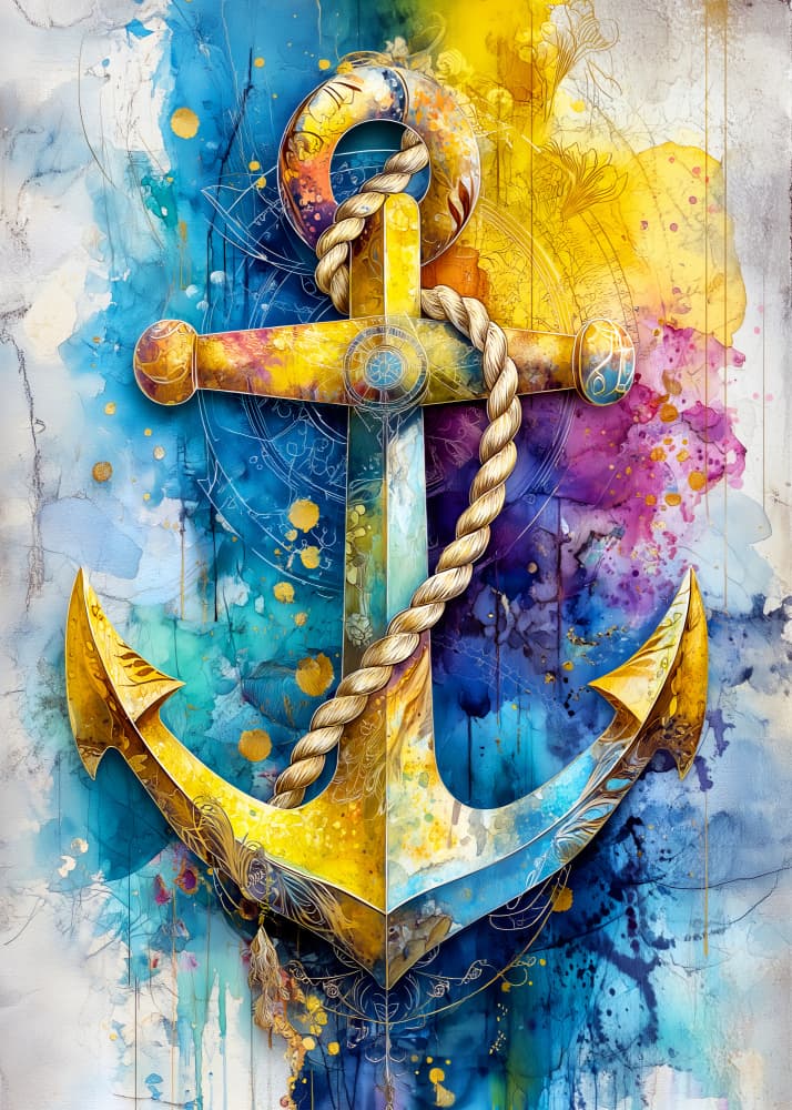 Golden Watercolor Anchor by Justyna Jaszke — canvas wall art