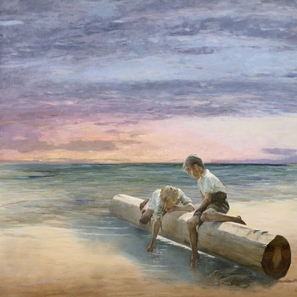 Twilight Boys On Log by Marja van den Hurk — canvas wall art