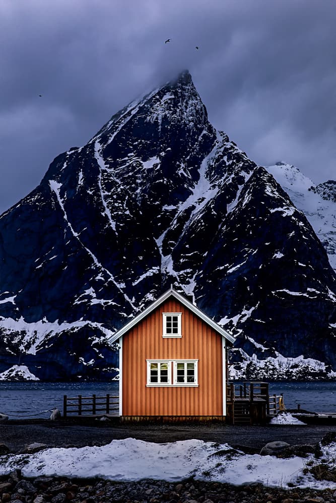 Orange House Winter Mountain by Raymond Ren Rong Liu — canvas wall art