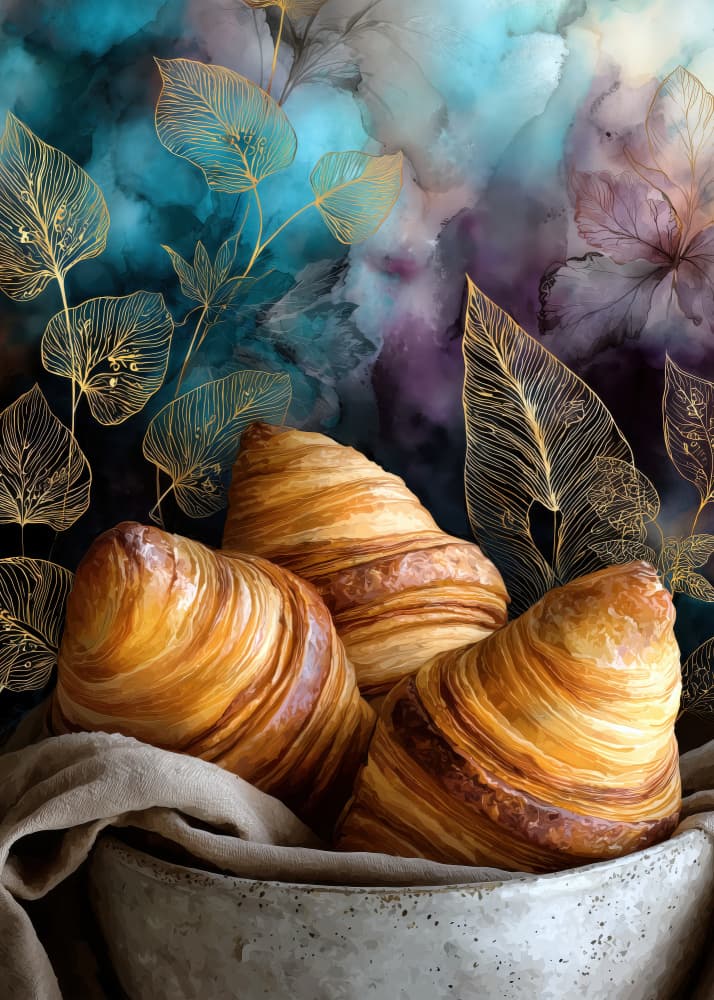 Warm Croissants Golden Leaves by Justyna Jaszke — canvas wall art