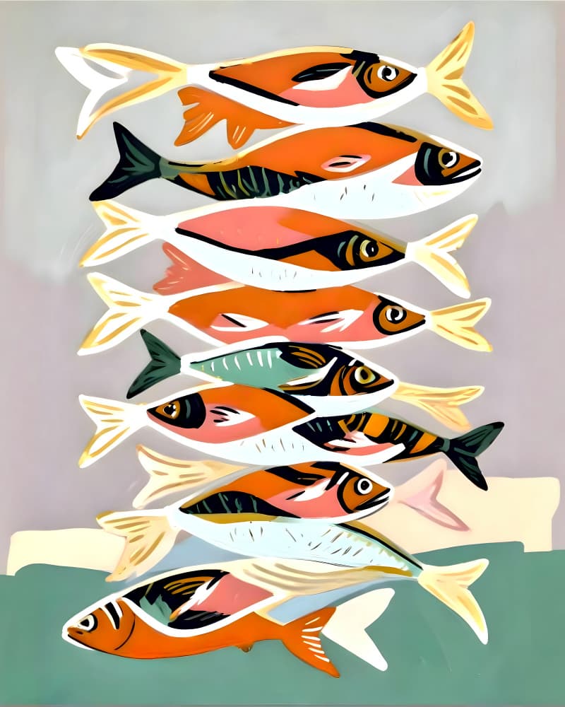 Vibrant Stacked Fish by Uma Gokhale — canvas wall art