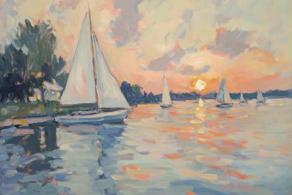 Peaceful Sunset Sailboats by Melloi Art Prints — canvas wall art