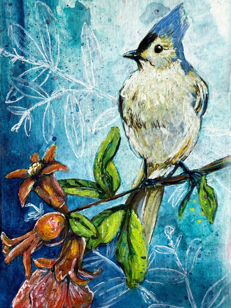 Tufted Titmouse Pomegranate by Renee Machan Cottagecore Artist — canvas wall art