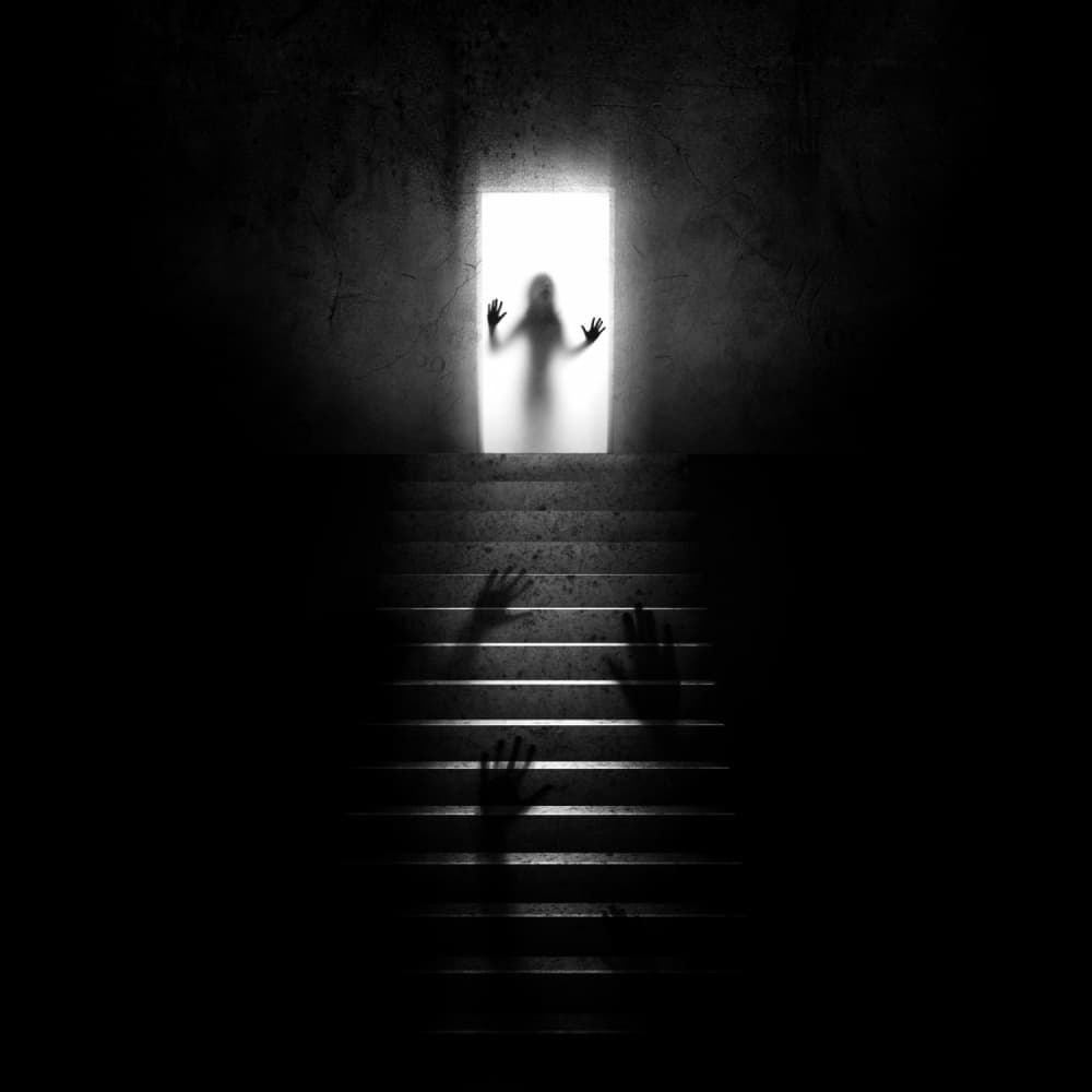 Eerie Stairwell Encounter by Sebastien DEL GROSSO — canvas wall art