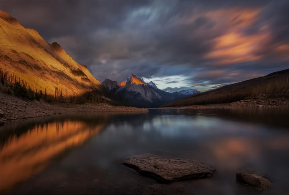 Golden Mountain Lake Reflection by Ruiqing P. — canvas wall art