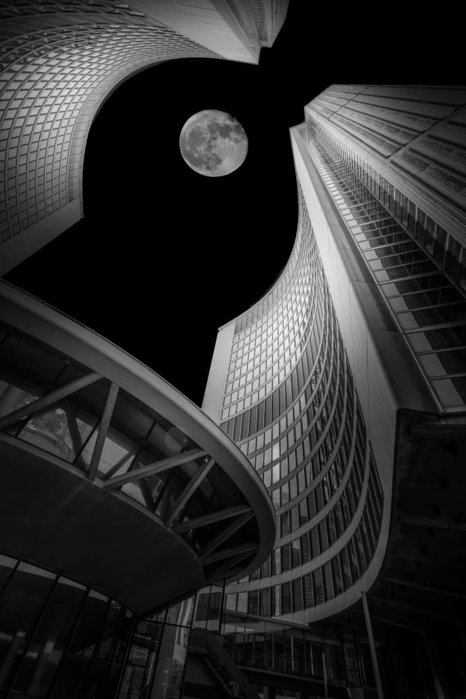 Moon Over Modern City by Linda Lu — canvas wall art