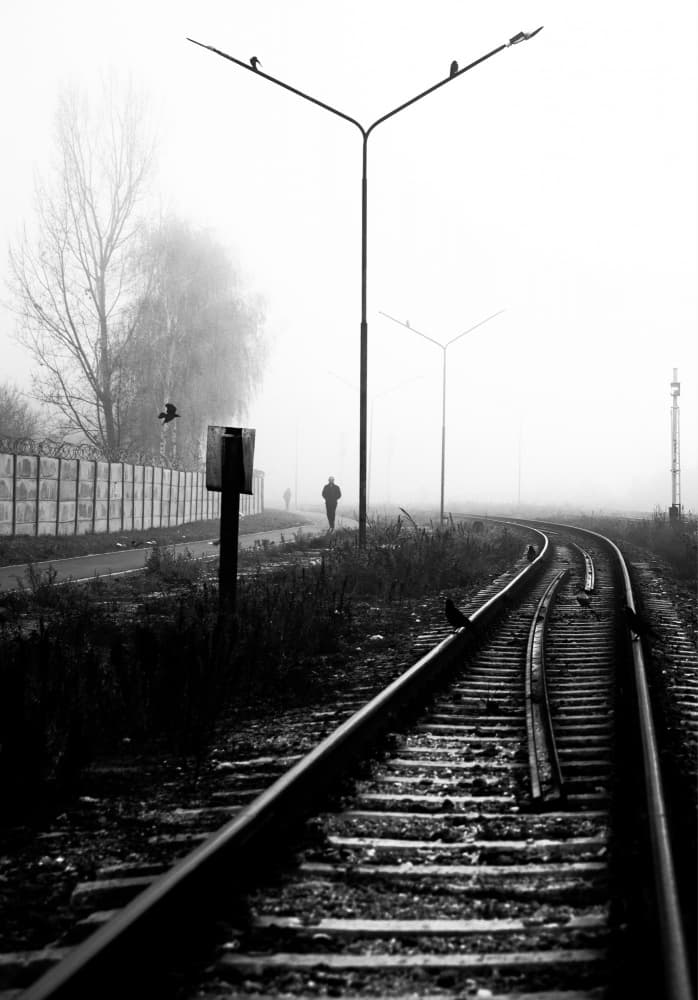 Lone Figure Foggy Tracks by Julien Oncete — canvas wall art
