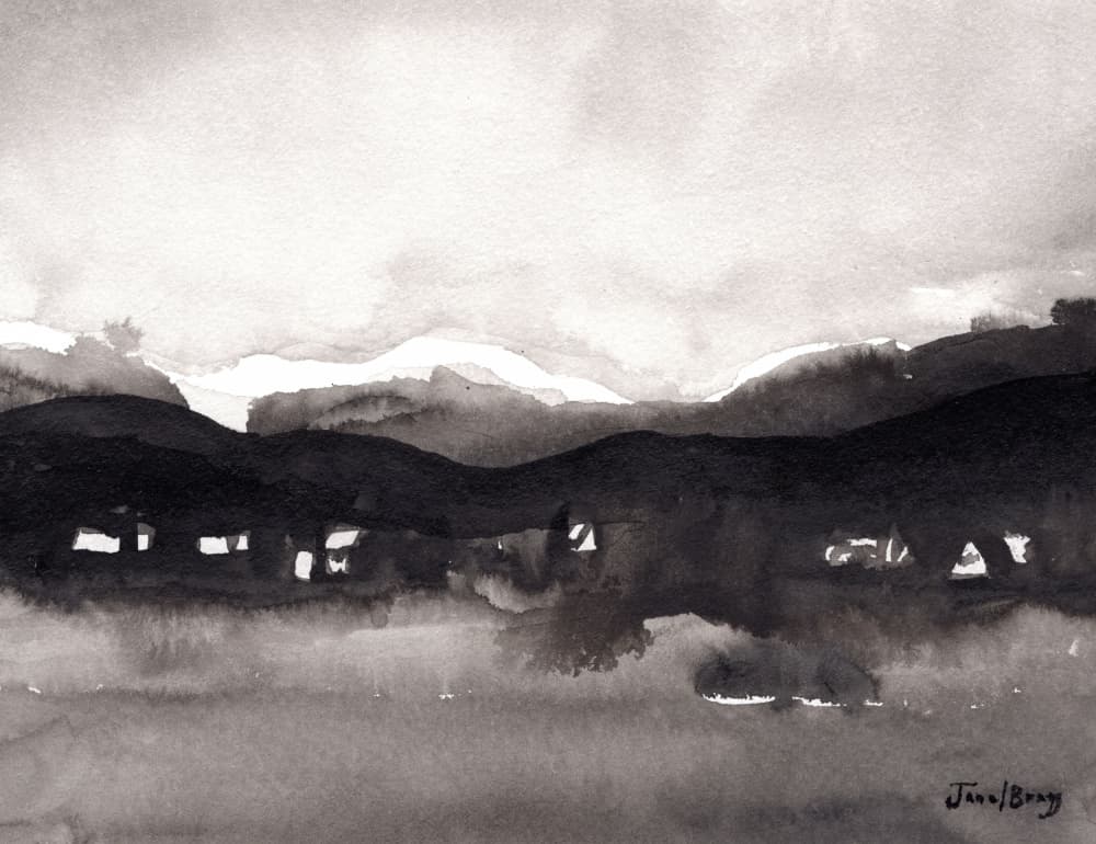 Misty Mountain Village by Janel Bragg — canvas wall art