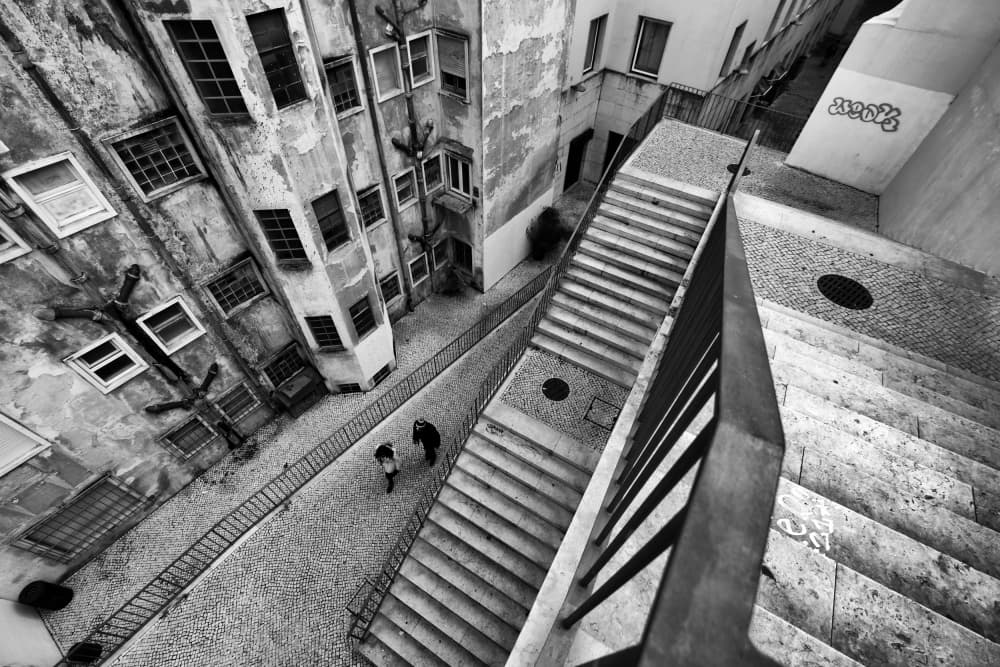 Dramatic City Stairway View by Josefina Melo — canvas wall art