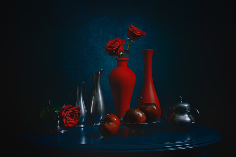 Elegant Red Roses Still Life by Lydia Jacobs — canvas wall art