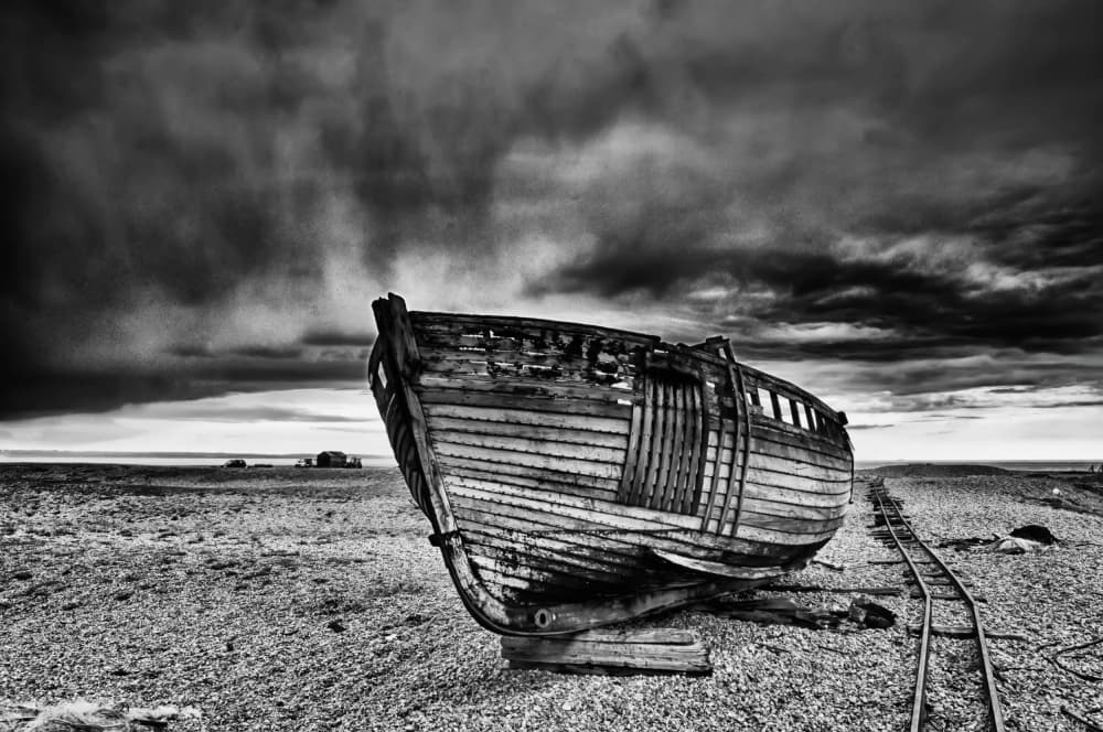 Wrecked Boat Stormy Shore by Radojica Jevric fotorax — canvas wall art
