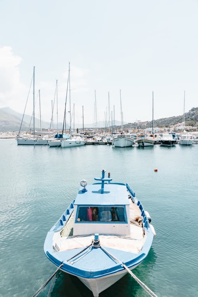 Blue Boat in Marina by Photolovers — canvas wall art