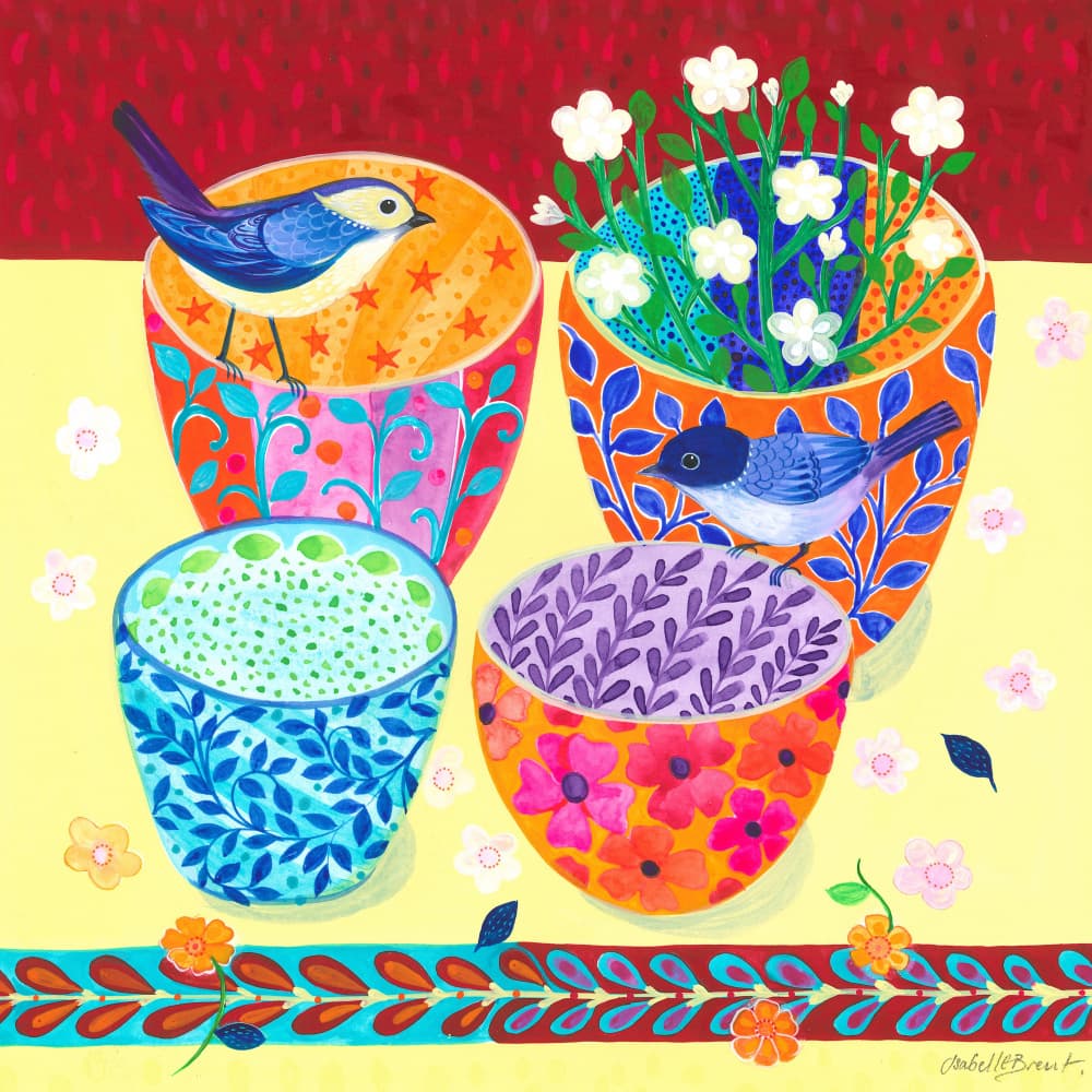 Decorative Pots and Little Birds by Isabelle Brent — canvas wall art