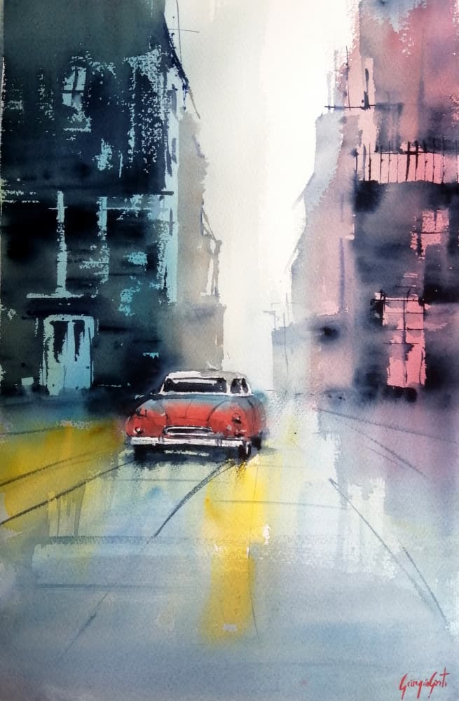 Vintage Car Rainy City by Giorgio Gosti — canvas wall art