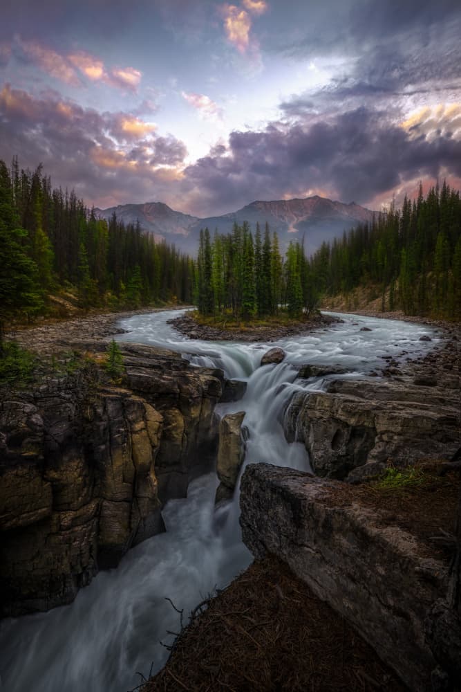 Twilight River Island Falls by Ti Wang — canvas wall art