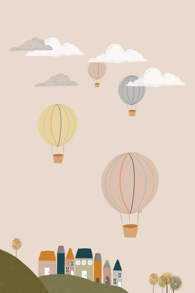 Balloons Over Pastel Town by Menina Lisboa — canvas wall art