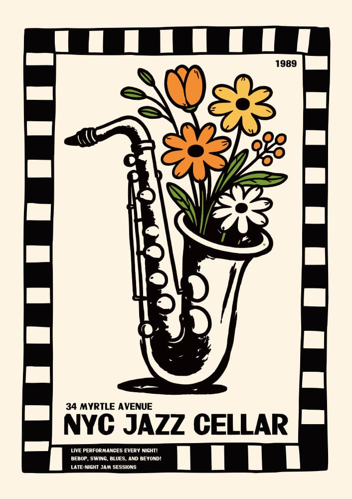 Retro Jazz Saxophone Flowers by Patryk Krygowski — canvas wall art