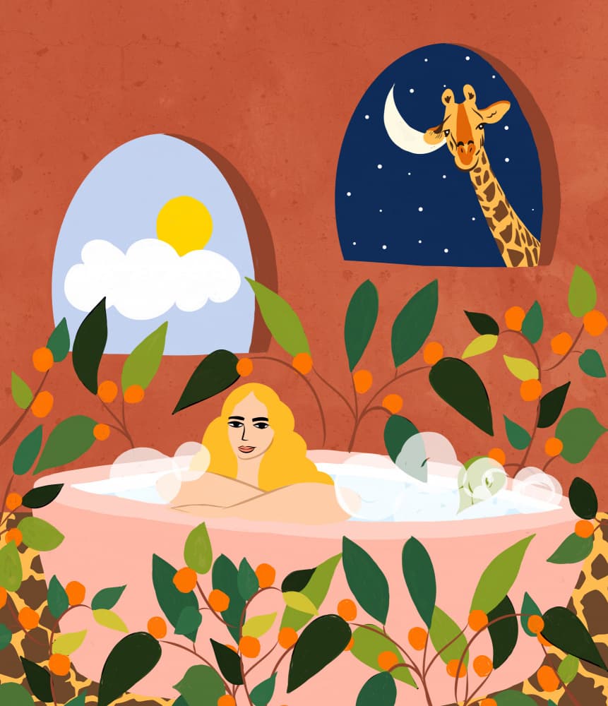 Dreamy Bath with Giraffe by Uma Gokhale — canvas wall art
