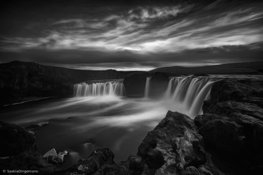 Dramatic Black White Waterfall by Saskia Dingemans — canvas wall art