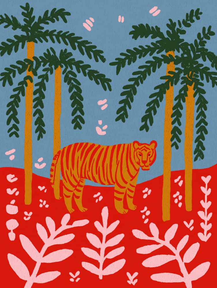 Tiger under palms by Treechild — canvas wall art