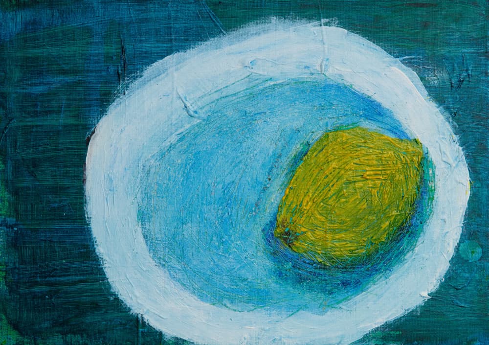 Lemon in Blue Bowl by Dale Hefer — canvas wall art