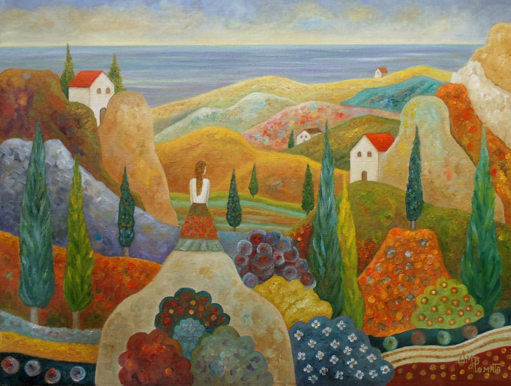 Woman Overlooking Mediterranean Hills by Angeles M. Pomata — canvas wall art