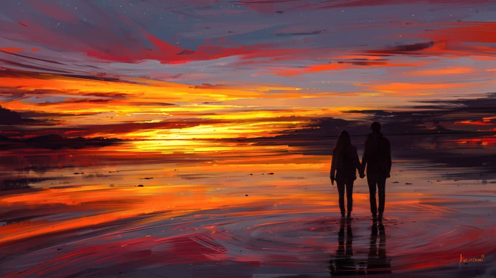 Romantic Sunset Beach Walk by Alena Aenami — canvas wall art