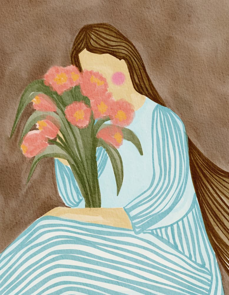 Shy Woman Pink Tulips by Nikita Jariwala — canvas wall art