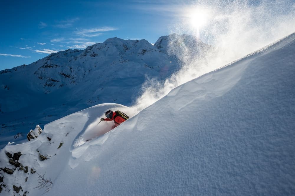 Mountain Powder Skiing by Tristan Shu — canvas wall art