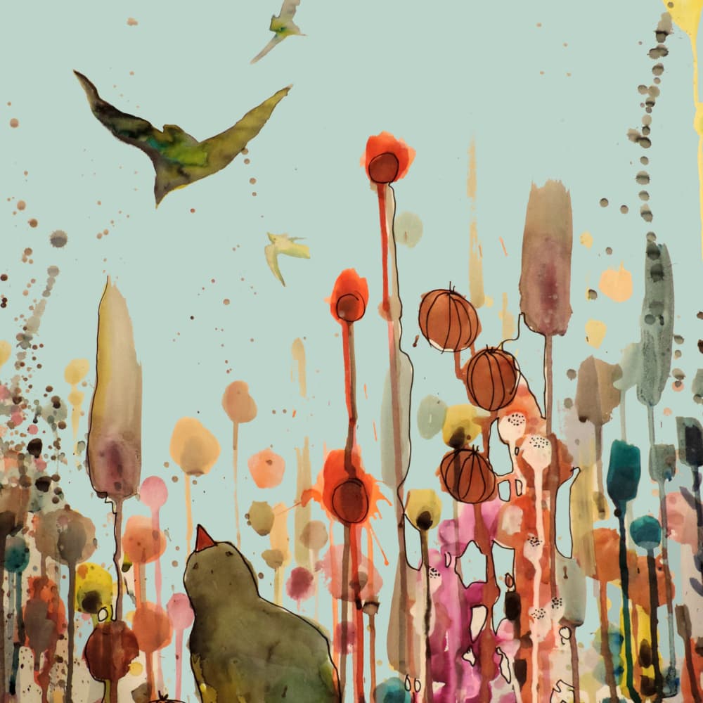 Green Bird and Whimsical Flowers by Sylvie Demers — canvas wall art
