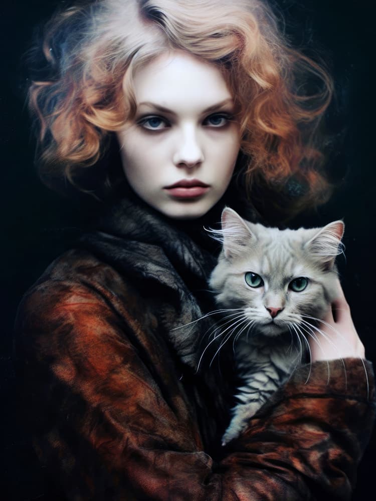 Mysterious Woman Holding Cat by Justyna Jaszke — canvas wall art