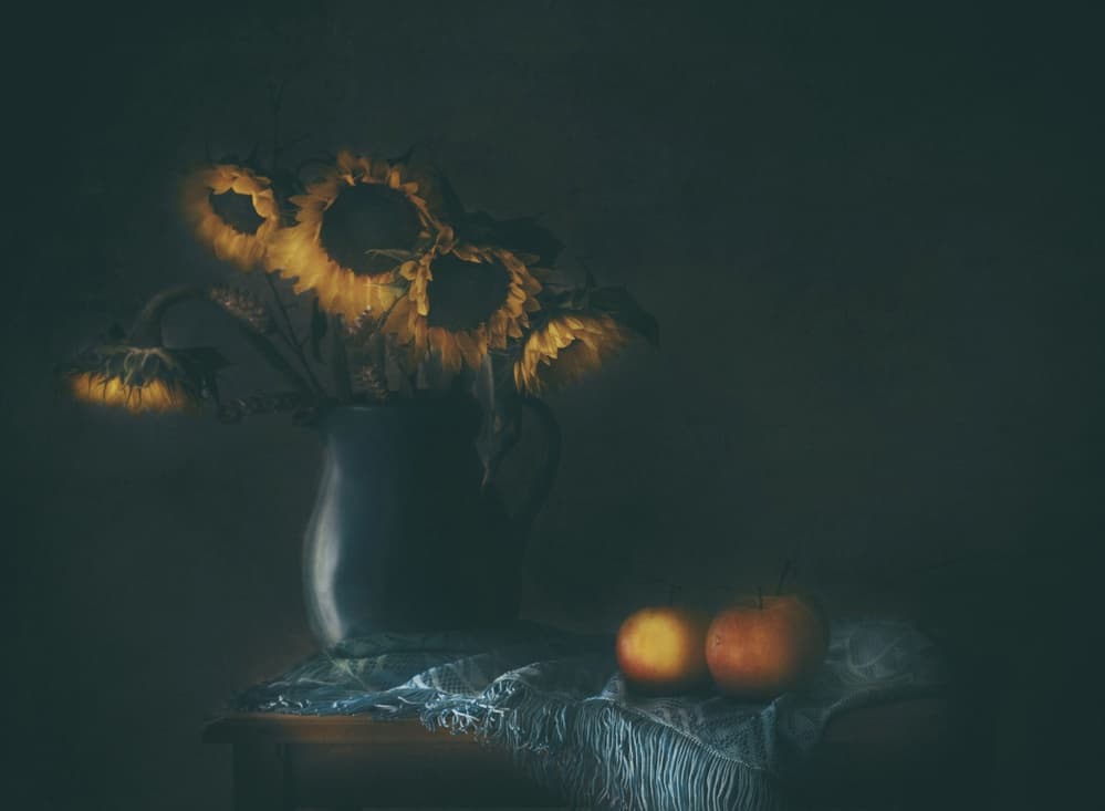 Moody Sunflowers and Apples by Delphine Devos — canvas wall art