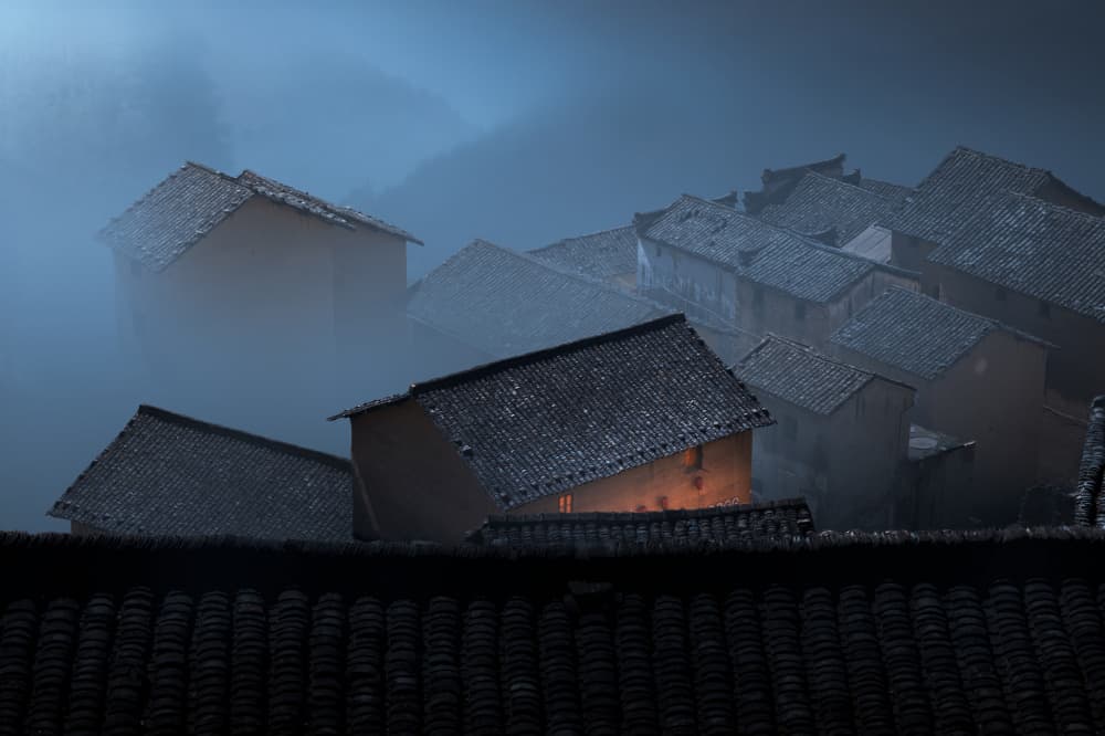 Misty Village Night by NingYun Ye — canvas wall art