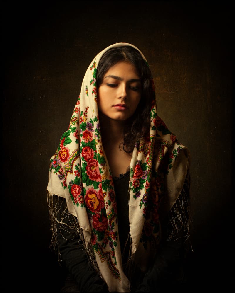 Serene Woman in Floral Scarf by Mehdi Mokhtari — canvas wall art