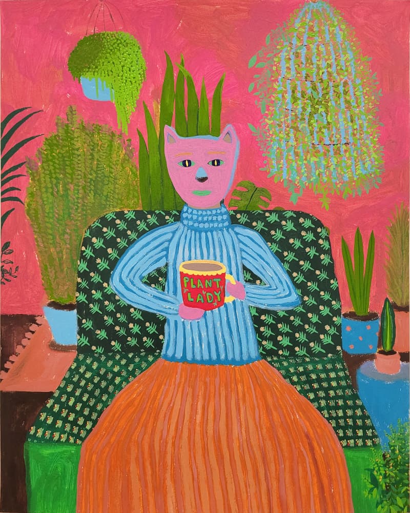 Pink Cat Plant Lady by Fedele Frost — canvas wall art