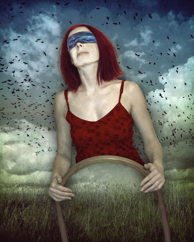 Blindfolded Woman and Birds by Lucyna Łazarska ( Lucynda Lu ) — canvas wall art