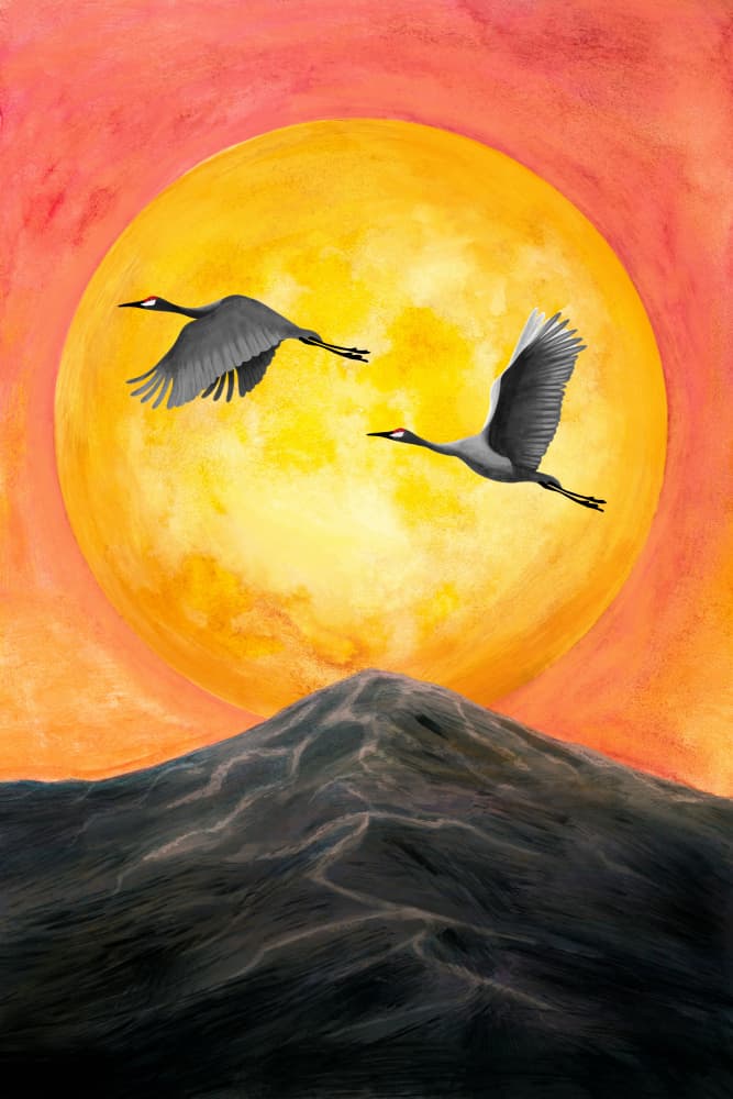 Flying Cranes Golden Moon by EMELIEmaria — canvas wall art