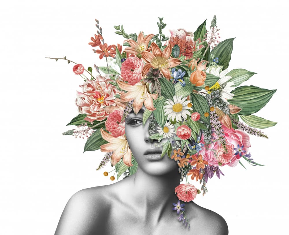 Floral Woman Portrait by Marja van den Hurk — canvas wall art