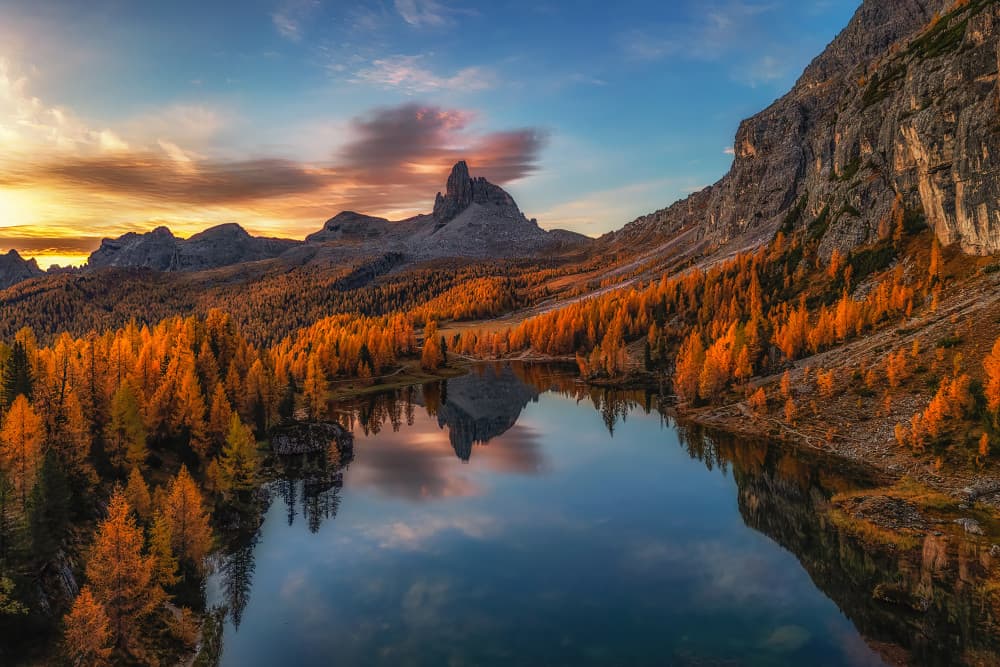 Golden Autumn Mountain Lake by Mei Xu — canvas wall art