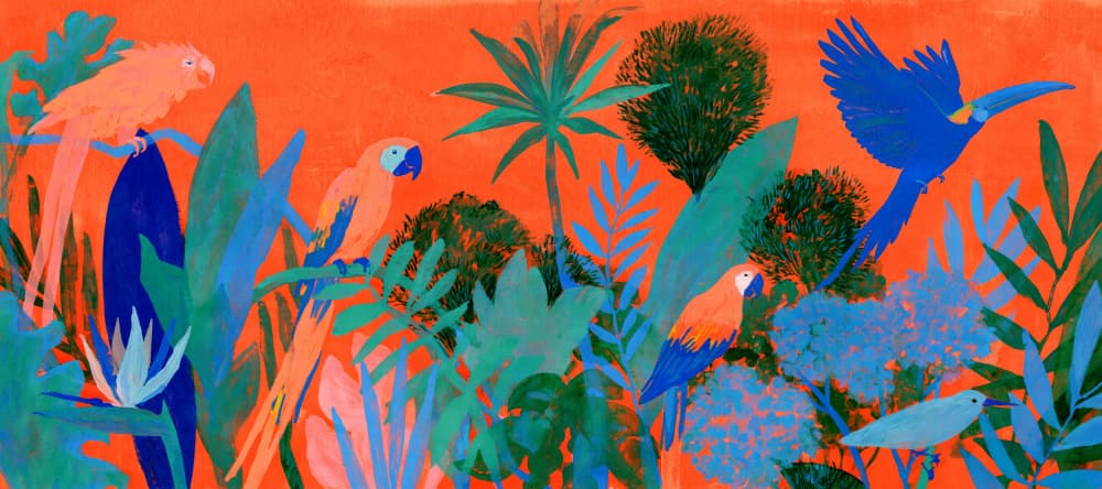 Vibrant Jungle Parrots by Treechild — canvas wall art