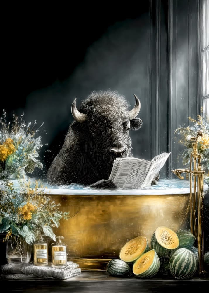 Bison Reading in Bath by Justyna Jaszke — canvas wall art