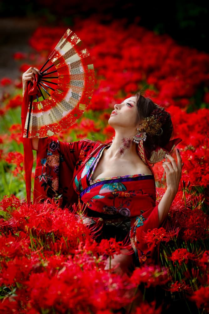 Elegant Woman Red Kimono by boss — canvas wall art