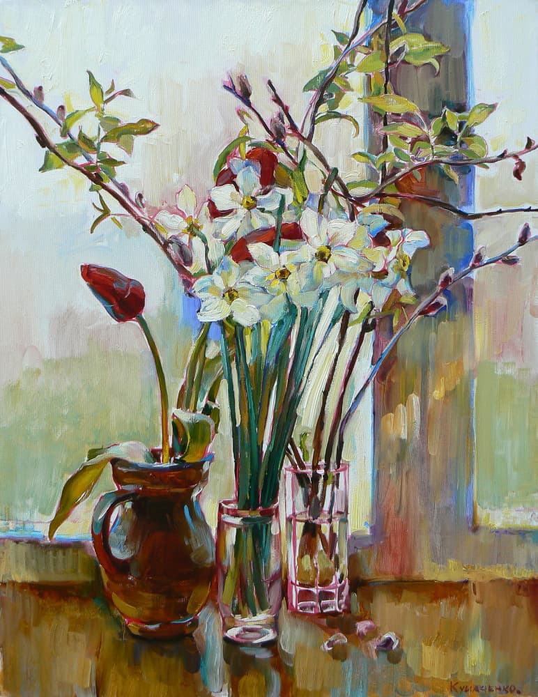 Spring Flowers By Window by Andrii Kutsachenko — canvas wall art