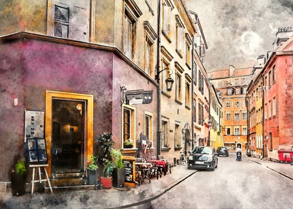 Charming European Street by Justyna Jaszke — canvas wall art